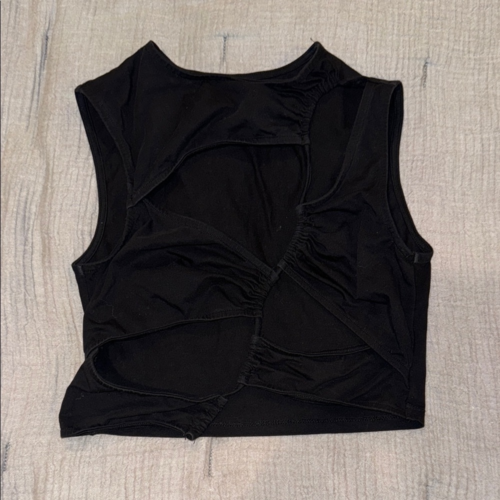 Black Sleeveless Crop Tank Top with Many Cut Outs in the Front